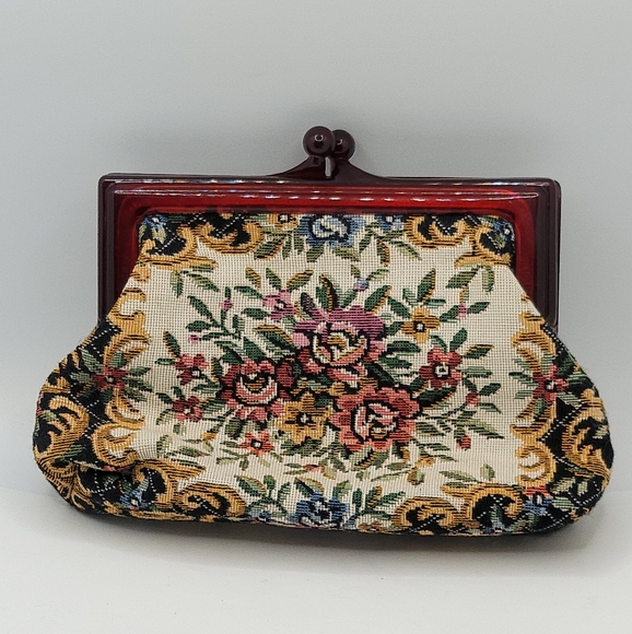 Vintage Tapestry Purse with Kiss Closure Tortoise Shell Bakelite Frame - Picture 2 of 4